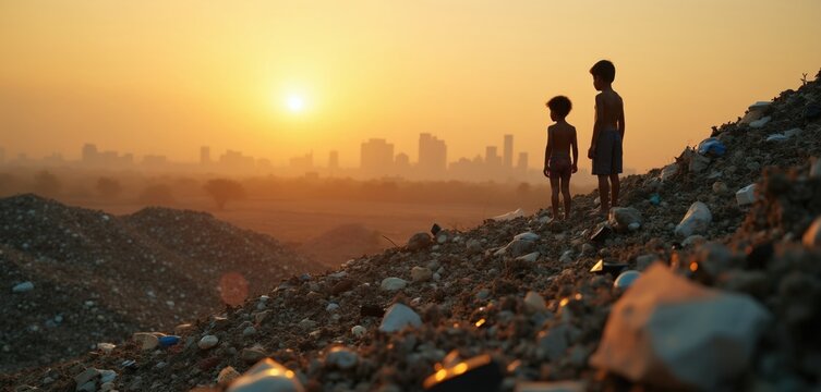 Two little boys stand on large pile of industrial waste at sunset. Brothers look at distant city skyline horizon with orange sky background. Children living in poverty dwell near urban rubbish dump