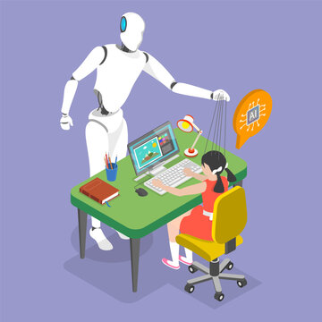 3D Isometric Flat Vector Illustration of AI Dangerous For Children, A kid Interacts With Chatbot, Mind Controlled By Robot