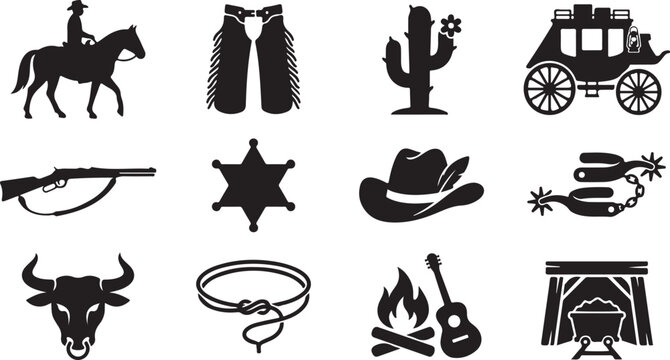 Set of black silhouette representing western life featuring a cowboy on horseback, chaps, cactus, stagecoach, rifle, sheriff badge, cowboy hat, spurs, bull head, and lasso