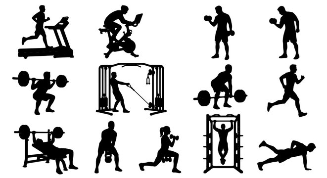 Fitness Icons Set, Gym Workout Silhouettes, Exercise Equipment Graphics, Healthy Lifestyle Vector Collection