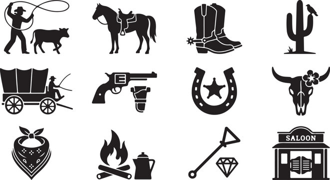 Set of black silhouette representing wild west life with cowboys, horses, boots, cactus, stagecoaches, revolvers, horseshoes, bull skulls, bandanas, campfires, and saloons