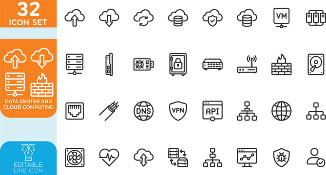 Data Center and Cloud Computing Icon Set. Server, Network, Security, and Storage, IT infrastructure, hosting, and global network concepts. on transparent background.