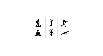 Fototapeta premium Active Lifestyle Icons Set: Sports, Fitness, Yoga, Hiking, Jumping, Tennis, Silhouette Collection for Health and Wellness Graphics