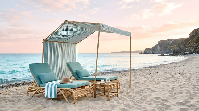 Beach scene with two lounge chairs and a canopy at sunset by ocean