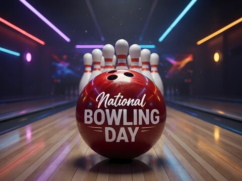 Bowling ball with 'National Bowling Day' text on lane with colorful lights concept for recreation