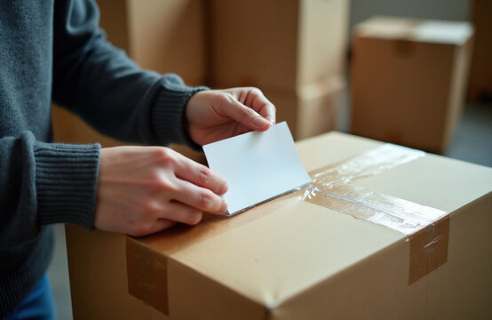 Person puts blank label on cardboard box. Worker prepares parcel for shipment. Many boxes stacked indoors for delivery. Logistics and postal service.