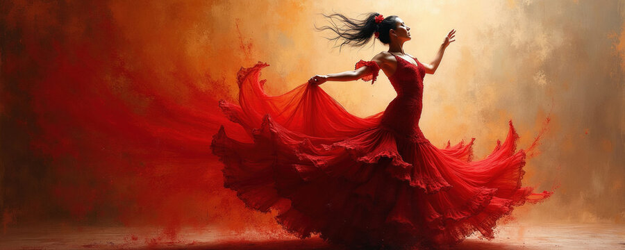 Woman in vibrant red dress moves with passion. Her dress flows dynamically with swirling fabric. Dancer expresses deep emotion with intense posture and graceful motion.