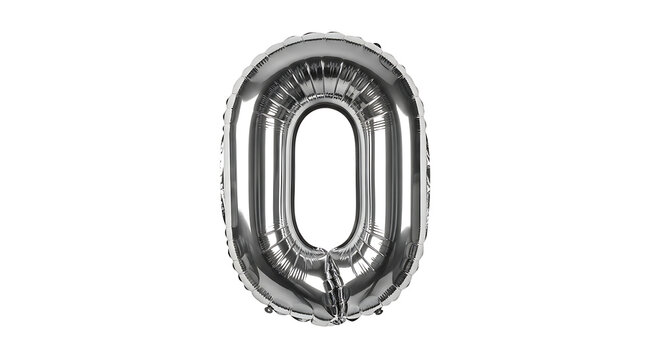 Silver shiny balloon in the shape of number zero  inflated party decoration transparent background