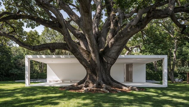 Minimalist White Plaster Pavilion with Large Tree Trunk and Green Lawn