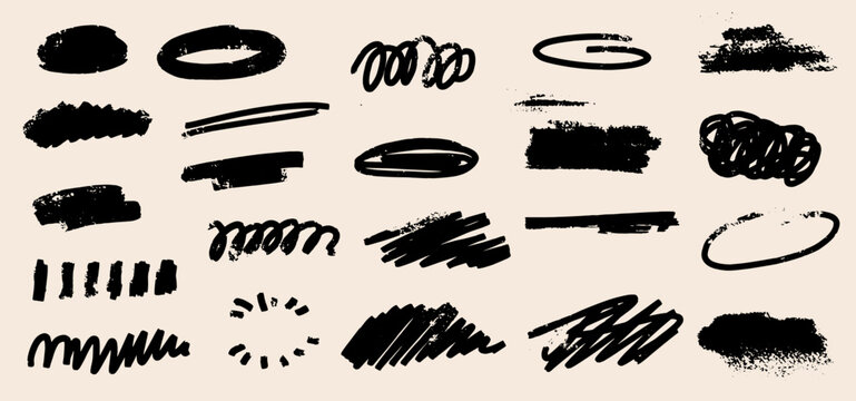 Black chalk or pencil in different form. Hand-drawn kid frames and lines in scribble style. Set ink doodle boxes curved lines and messy doodles. 