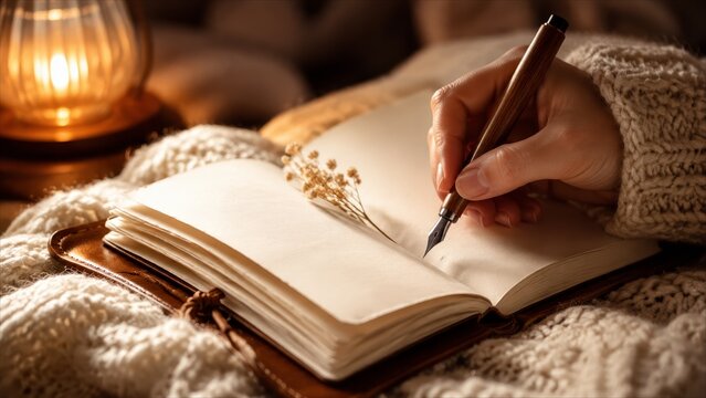 Cozy scene of a person writing in a journal with a fountain pen by warm lantern light