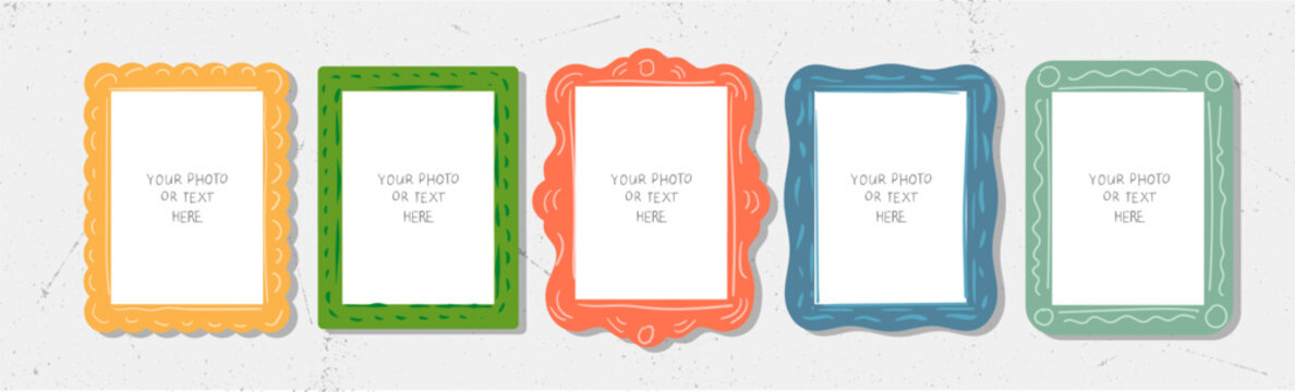 Colorful rectangle kid photo frames. Hand drawn borders for pictures or photo frames. Doodles for picture square frames.