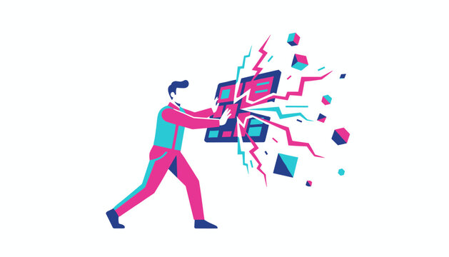 Person struggling against a digital device overload with exploding geometric cubes and electrical sparks in vibrant colors.