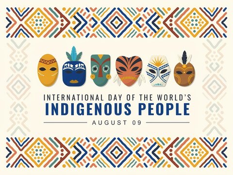 Indigenous People masks with text International Day of the World's Indigenous People August 09 and geometric border