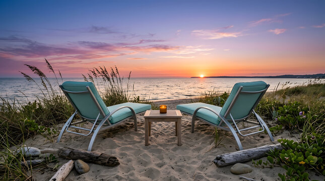 Two beach chairs and a table on the sandy shore at sunset