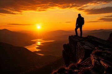 Obraz premium Hiker silhouette standing on cliff overlooking river at sunset