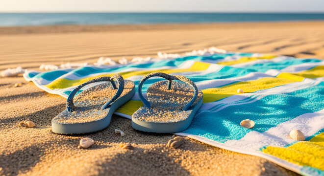 Blue flip flops on a striped towel at the beach. Sandy summer vacation scene with seashells and blurred ocean background. Tropical holiday getaway