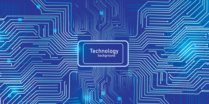 Futuristic blue circuit board layout with centered text frame for digital hardware and high tech infrastructure.
