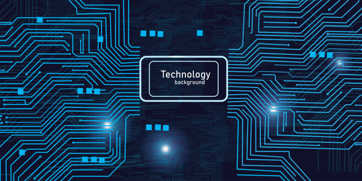 Abstract dark blue motherboard pattern featuring bright cyan glowing circuit paths and digital interface frame.