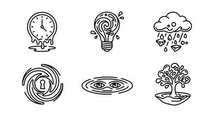 Abstract Concept Icons: Melting Clock, Idea Lightbulb, Rainy Diamonds, Keyhole Vortex, Water Eyes, Island Tree, Vector Set © Likhon