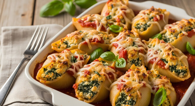 Baked jumbo pasta shells stuffed with ricotta and spinach in tomato sauce. Homemade Italian comfort food