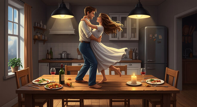 Happy couple dancing barefoot on a dining table in the kitchen. Romantic dinner date at home with wine and candles
