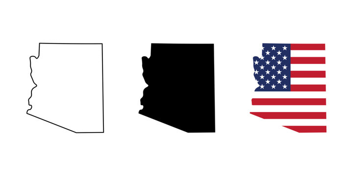 Arizona state outline, silhouette and American flag icon set