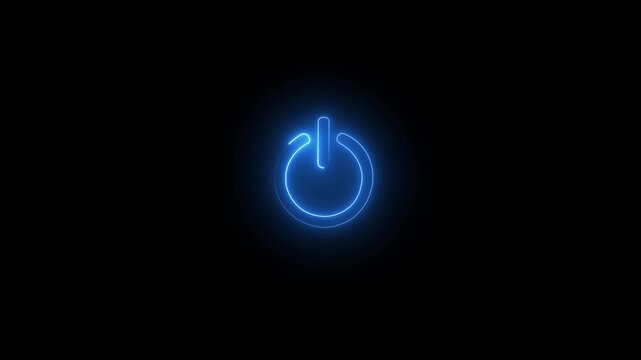A neon blue power button symbol glowing against a dark black background in simple graphic style. Neon power button icon. Computer generated 3d render.4k motion video.
