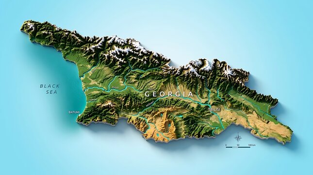 3d topographic relief map of georgia country