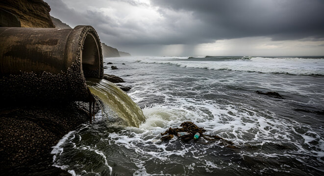 Large concrete pipe discharging dirty sewage water into the ocean. Environmental pollution concept with plastic trash floating in the sea