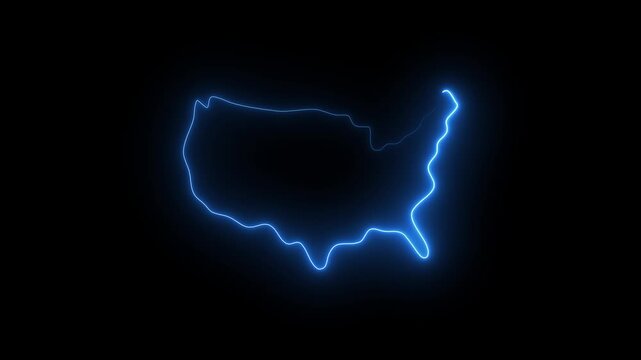 map of U.S.A with a blue glowing neon effect. 4k