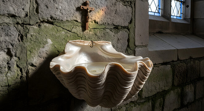 Large clam shell used as a holy water font on a stone wall inside a church. Wooden crucifix and rainbow light prism in a historic catholic sanctuary