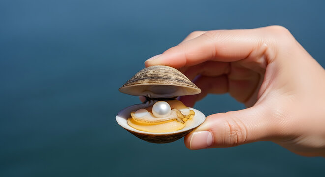 Hand holding an open clam shell with a large white pearl inside. Close up of precious marine gemstone against a blurred blue background