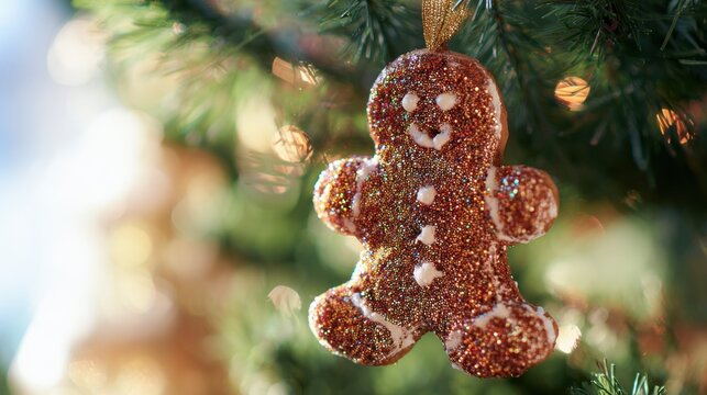 Gingerbread man ornament hangs on a Christmas tree with bright lights in the background during the holiday season
