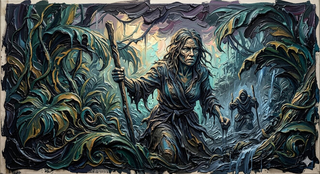 Textured Impasto Oil Painting of a Traveler in a Swamp