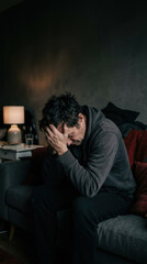 Fototapeta premium Man Sitting On Couch Experiencing Sadness And Despair
