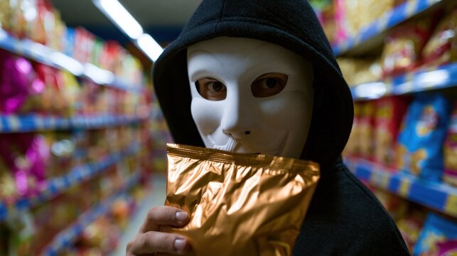 Masked person in hoodie secretly stealing snacks from a supermarket aisle