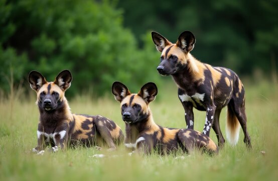 Group of African wild dogs sit in green grassy meadow. Rare painted wolves relax on savanna field. Carnivore mammals rest together in nature habitat outdoors. Pack of beautiful predator lycaon pictus
