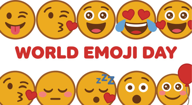 World Emoji Day Banner Red Typography Yellow Emoticons Background Vector