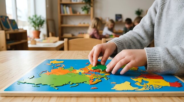 Early childhood education moment as small hands thoughtfully connect continents on a vibrant wooden world map puzzle, nurturing a foundation for global awareness and cognitive growth