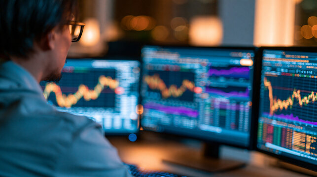 Faceless day trader monitoring multiple financial screens showing stock price movements and investment analytics in a home office, defocused home trading setup in background, day