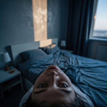 Intimate Bedroom Scene With Person Looking Up From Bed At Sunrise Or Sunset