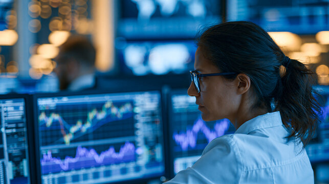 Faceless female financial analyst examining stock market charts on multiple monitors in a trading room, data-driven investment decision-making, defocused trading screens in