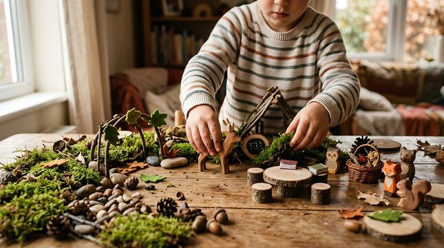Focused young boy creating a charming miniature forest world with natural elements, tiny wooden animals, and crafted furniture on a rustic table, engaging in imaginative and educational play at home