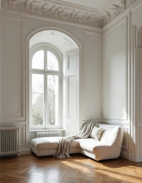 Bright white Parisian apartment room with classic high ceiling molding, arched window. Modern lounge sofa with soft blanket sits near sunny wall. Elegant luxury interior design space provides calm