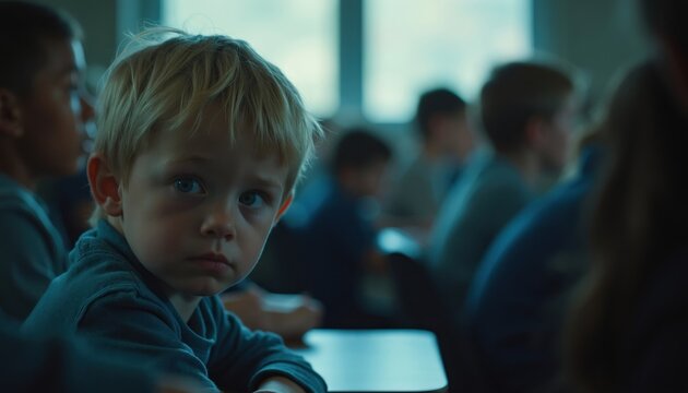 Sad little boy sits alone in school classroom. Young child feels lonely, excluded by classmates. Depressed student looks at camera with sorrowful expression. Blurred pupils study in background. Moody