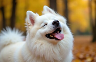Fototapeta premium White Samoyed dog smiles with closed eyes in autumn park. Fluffy pet enjoys sunny day outdoors with yellow leaves background. Happy canine looks up with tongue out. Adorable domestic animal portrait
