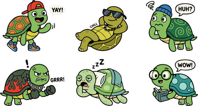 Cute turtle cartoon character set vector illustration