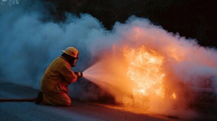 Fototapeta premium Firefighter kneeling on the ground, using a hose to extinguish a fire. the firefighter is wearing a yellow uniform and a helmet, and is holding the hose with both hands.
