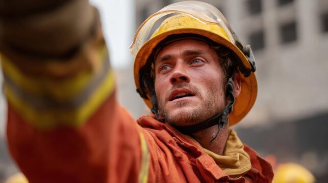 Close-up of a man wearing a yellow hard hat and a red jacket.